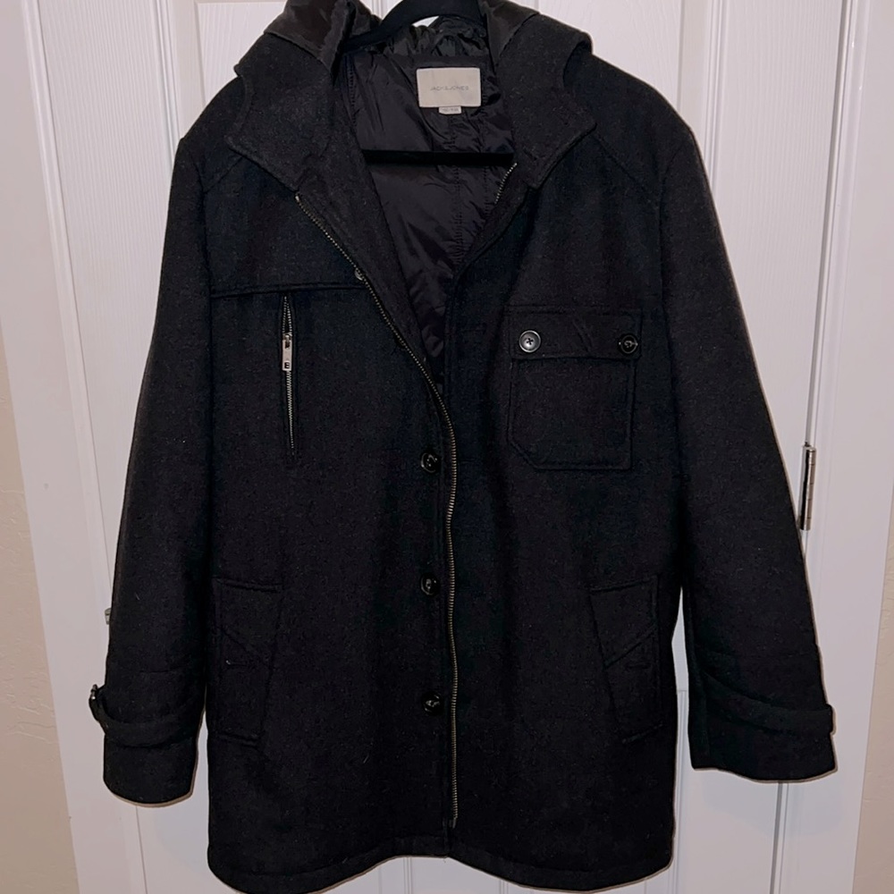 Jack Jones Black Wool Peacoat Size M/L unisex fit quilted liner. Mint Condition